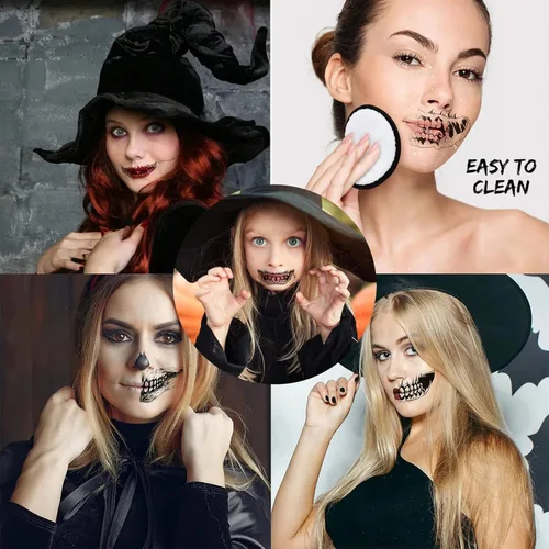 Vista 2 de Maquillaje de broma de Halloween, tatuaje temporal, juego de roles de Halloween, kit de calcomanías decorativas de tatuaje de boca grande
