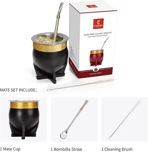Vista 3 de Taza de Yerba Mate de Acero Inoxidable 304 Argentina con Pajita, Taza de Té de Calabaza, Una Bombilla Mate (Pajita) y Cepillo de Limpieza (Negro)