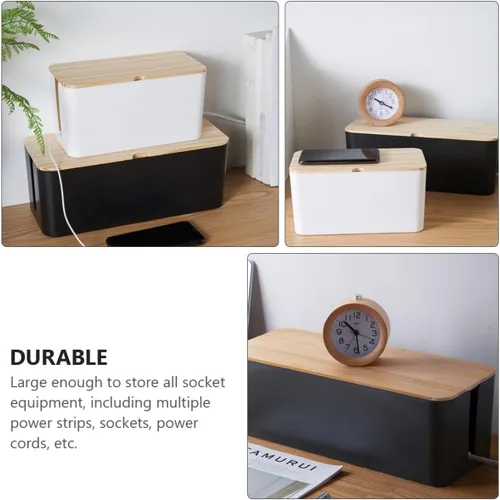 Vista 4 de Toyvian Cable Storage Box Power Line Manager with Natural Wood Lid, Medium Black Charging Cable Organizer for Home and Office Cord Management