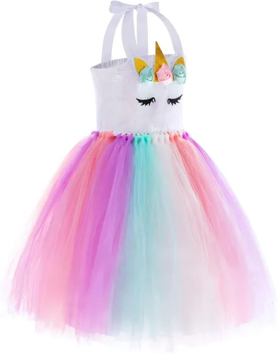 Vista 3 de Mooedcoe Unicorn Costume for Little Girls Dress Up, Handmade Sequin Rainbow Unicorn Tutu Birthday Outfit Gifts Party Decor