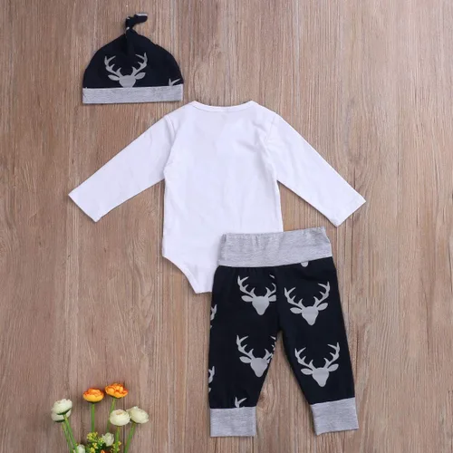 Vista 7 de Conjunto de 3 piezas para recién nacido, ropa occidental de manga larga con letras, pantalones y sombrero, para otoño e invierno