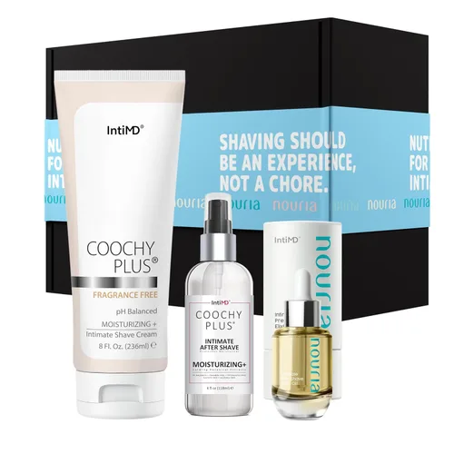 Vista 8 de Coochy Plus HydroLock - Kit de 3 pasos para afeitado íntimo: aceite de elixir para antes del afeitado NOURIA + crema de afeitado Coochy Plus Coco