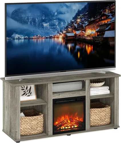 Vista 24 de Furinno Jensen Soporte de Centro de Entretenimiento con Chimenea para TV de hasta 55 Pulgadas, Americano, Eléctrico con Cable, Ajustable