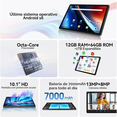 Vista 2 de 10.1 Inch Android 16 Tablet, 12GB + 64GB, Helio G80 for Home Use, WiFi