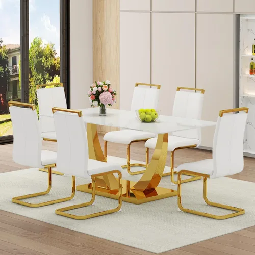 Vista 14 de Juego de Mesa de Comedor Negra para 6, Mesa de Comedor de Mármol Falso de 71" para 6, Juego de Mesa de Cocina Rectangular con Sillas de Cuero PU