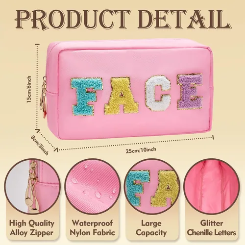 Vista 3 de Bolsa de maquillaje de nailon para cosméticos, 4 piezas, con cremallera, trébol de piedra de chenilla, impermeable, organizador de viaje