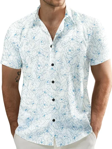 Vista 9 de JOGAL - Camisa hawaiana de Aloha para hombre, manga corta, diseño de flores Negro Blanco Línea
