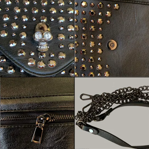 Vista 7 de Chikencall Bolso de mano de cuero con tachuelas de calavera punk negro con dos correas