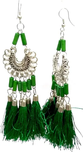 Vista 2 de DESI HAWKER Pendientes de plata oxidada Bali Jhumki Jhumka Joyería Bollywood colgantes largos Chandbali afgani borlas NI-134
