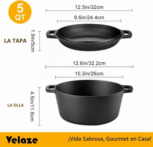 Vista 2 de Velaze Olla Holandesa de Hierro Fundido con Tapa de Sartén, Sartén de Hierro Fundido de Doble Mango 2 en 1 Presazonada para Hornear Pan, Freír