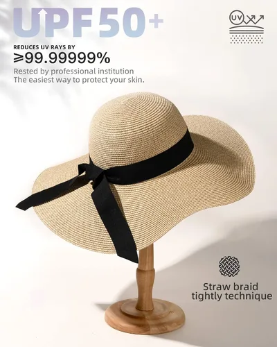 Vista 2 de Sombrero de paja para mujer, ala ancha, UPF 50, sombrero de verano, plegable, para playa