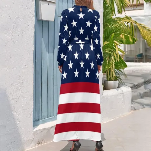 Vista 3 de Vestido patriótico de la bandera americana, manga larga, estrellas y rayas, lindo vestido maxi vestido de primavera de cintura alta, estilo bohemio