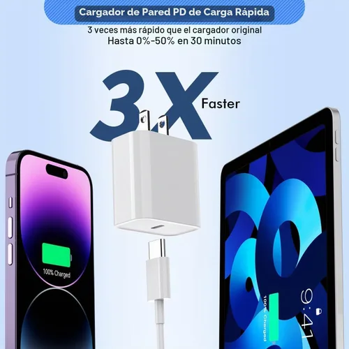 Vista 2 de Cargador de iPhone de carga rápida, PD i Phone USB C Cargador de pared Bloque i Phone 14 Cargador rápido con cable USB C a Lightning de 3 pies, cubo