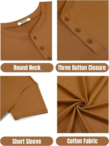 Vista 5 de COOFANDY Camisetas Henley de algodón de manga corta para hombre, estilo casual, con botones, camiseta básica Henley