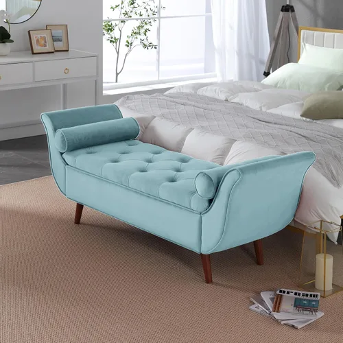 Vista 12 de Banco de terciopelo para dormitorio al pie de la cama, banco otomán tapizado con botones capitoné de 60.5 pulgadas con brazos curvos, otomán