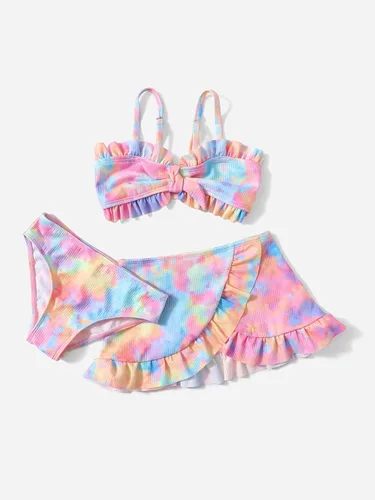 Vista 5 de WDIRARA Traje de baño de 3 piezas para niña pequeña con falda de playa con ribete de volantes