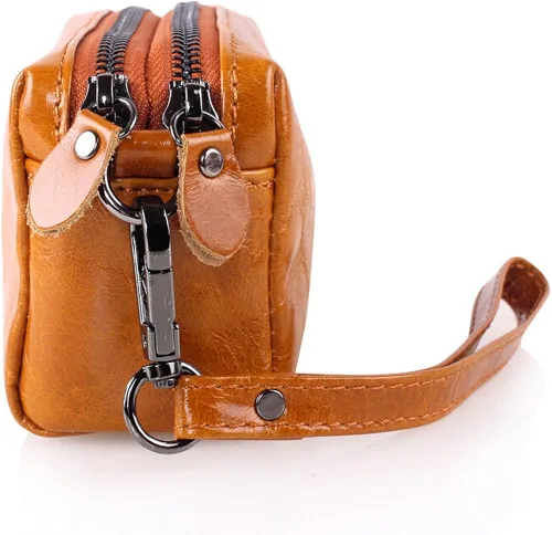 Vista 4 de BOSHIHO Piel Auténtica Wristlets garras teléfono celular bolsa cartera con cierre doble Marrón