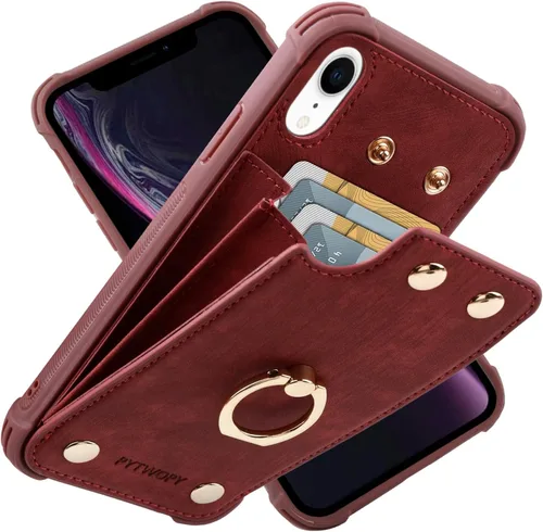Vista 34 de Funda tipo cartera compatible con iPhone XR/10R con tarjetero de crédito, funda protectora de cuero a prueba de golpes compatible con anillo