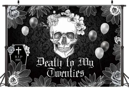 Vista 3 de Hilioens Telón de fondo de 7 x 5 pies de muerte a mis veinte para cumpleaños 30 RIP to My 20s Youth Gothic Skull Coffin Fondo negro para fotografía