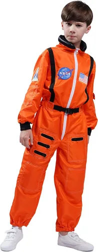 Vista 3 de Maxim Party Supplies Disfraz de astronauta para niños, traje espacial con parches bordados y bolsillos para niños, niños pequeños (23, naranja)