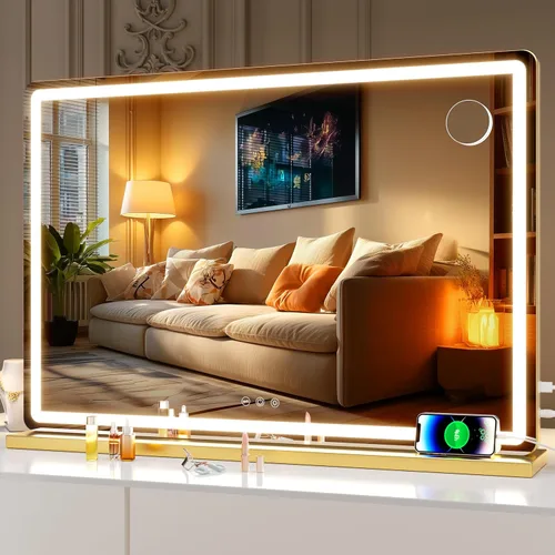 Vista 17 de Hasipu Espejo de tocador con luces, espejo LED de maquillaje de 31.5 x 22 pulgadas, espejo de maquillaje iluminado con 3 modos regulables, espejo