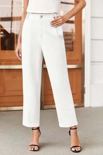 Vista 2 de Febriajuce Pantalones de vestir de cintura alta elástica para mujer, pantalones de trabajo plisados con botones, pantalones de trabajo de pierna