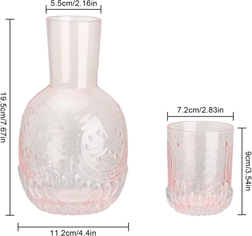 Vista 2 de Juego de jarra de agua y vaso de noche de cristal para baño, dormitorio, cocina (rosa)