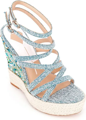 Vista 5 de WENOREG Sandalias de tacón alto con diamantes de imitación para mujer, con hebilla doble ajustable, correa cruzada de moda de verano, puntera