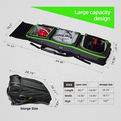 Vista 2 de XCMAN Bolsa de snowboard con ruedas, longitud ajustable, extra larga/ancha/profunda, impermeable, con varillas de protección 140L