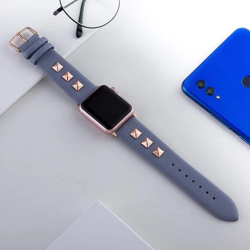Vista 5 de Golden Rivets - Correas de cuero compatibles con Apple Watch Ultra SE Series 8 7 6 5 4 3 1.929 in 1.772 in 1.732 in 1.654 in 1.496 in 1.575 in 1.614