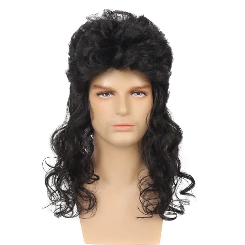 Vista 2 de Dai Cloud Pelucas de salmonete para hombres, peluca larga y rizada negra de los años 80, disfraz de fiesta de Halloween, peluca de pelo para hombre