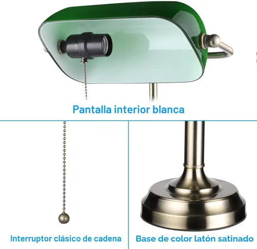 Vista 3 de TORCHSTAR Lámpara de escritorio de cristal verde con cadena de tracción, base E26 Base de acabado de latón, lámpara tradicional antigua para sala
