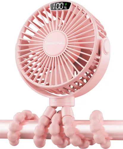 Vista 8 de SWEETFULL Ventilador portátil de cochecito de 4000 mAh con pantalla LED, mini ventilador recargable de 4 velocidades, trípode flexible giratorio