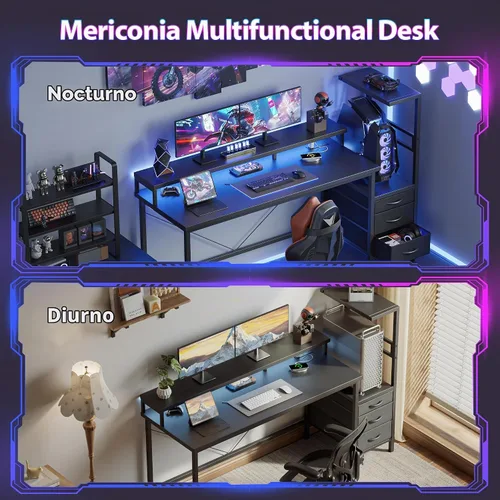 Vista 9 de Mericonia Escritorio para juegos de 52 pulgadas con cajones, escritorio reversible para computadora, color negro