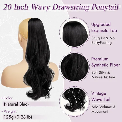 Vista 2 de BARSDAR Flequillo de cabello humano negro + extensión de cola de caballo con cordón ondulado