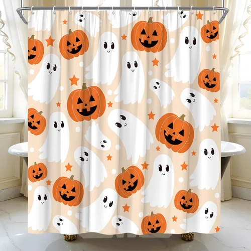 Vista 4 de Bonita cortina de ducha fantasma de Halloween, calabaza espeluznante, divertida tela de dibujos animados para decoración de baño, bañera con ganchos