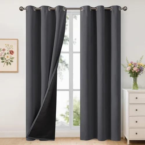 Vista 203 de YoungsTex - Cortinas 100% opacas para dormitorio, con aislamiento térmico y ojales, cortinas oscuras negras con capa pesada para ventana de sala