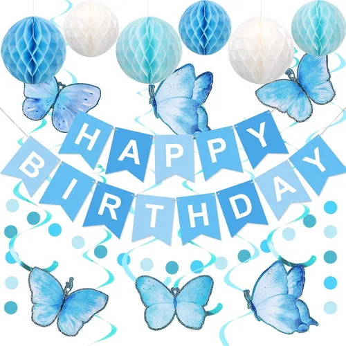 Vista 26 de meowtastic Birthday Decorations Happy Birthday Banner with Honeycomb Balls Negro y azul