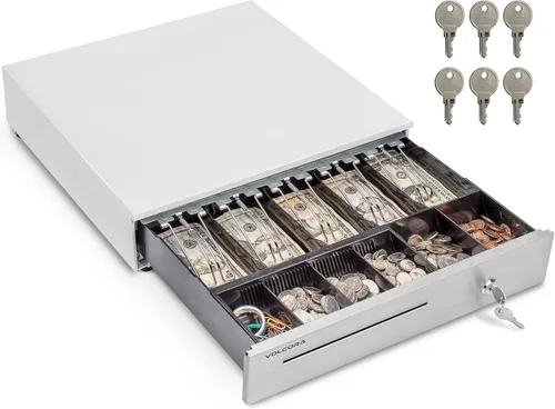 Vista 10 de Volcora Cajón de caja registradora de 13" para sistema de punto de venta (POS), Bandeja de efectivo de 4 billetes y 5 monedas, Cajones delanteros