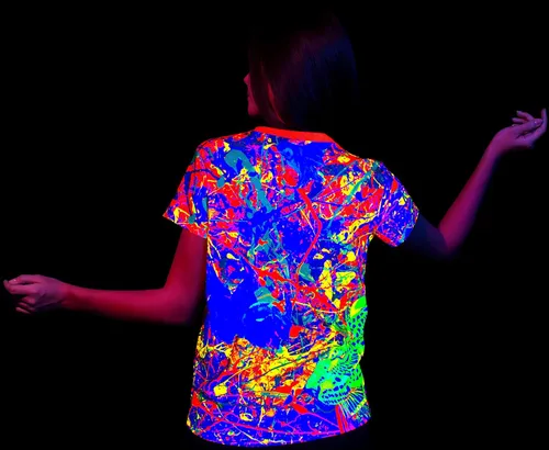 Vista 6 de aofmoka Ultravioleta fluorescente hecho a mano arte neón luz negra reactiva impresión mujer camiseta