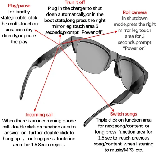 Vista 6 de F06 - Lentes de sol inteligentes con Bluetooth de oreja abierta para hombres y mujeres, 5.3 Bluetooth, control táctil, llamadas de música con lentes
