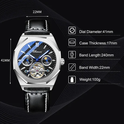 Vista 6 de RORIOS Reloj mecánico automático para hombre con correa de piel cuerda automática Tourbillon