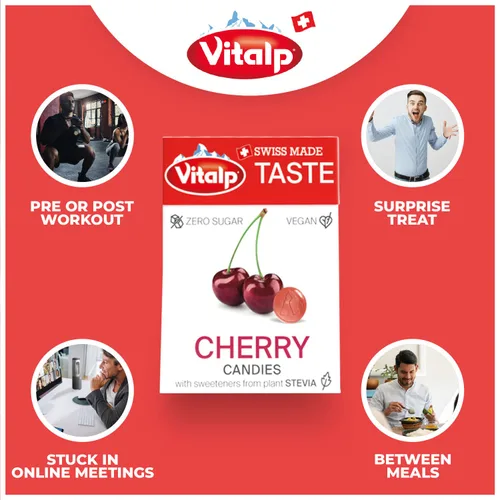 Vista 5 de Vitalp Sabor, Hecho en Suiza, Caramelo Sin Azúcar con Stevia, Vegano, Sabor a Cereza, Paquetes de 25g/0.88 Onzas, 16 Cajas