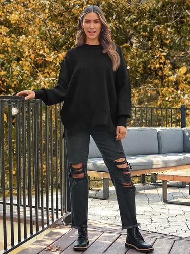 Vista 118 de Lillusory - Suéter extragrande con mangas de murciélago y cuello redondo para mujer, prenda moderna de otoño de tejido de punto sin botones