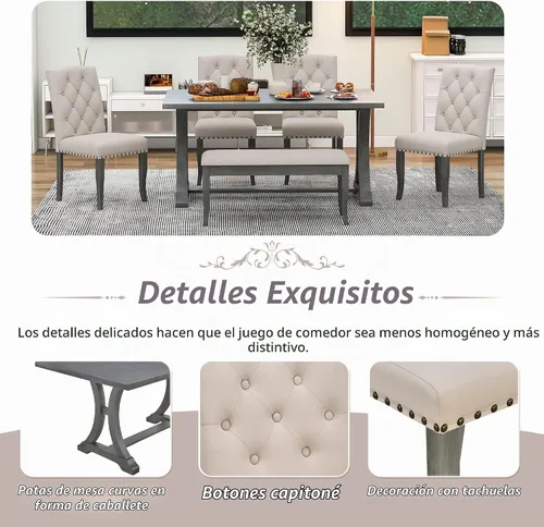Vista 2 de Merax Juego de mesa de comedor de cocina de 6 piezas, juego de mesa de comedor de granja con mesa rectangular y 4 sillas tapizadas y banco, juego