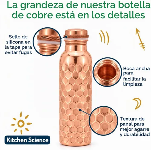 Vista 3 de Kitchen Science Auténtica botella ayurvédica de cobre (34 oz/33.8 fl oz) de cuero para agua potable Probado en laboratorio, a prueba de fugas