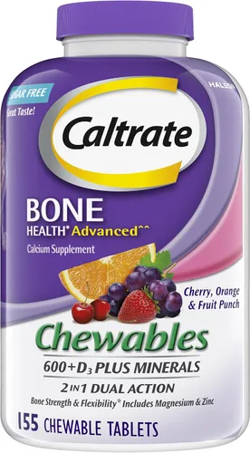 Vista 15 de Caltrate Chewables 600 Plus D3 Plus Minerals Suplemento de vitamina D de calcio, cereza, naranja y fruta, 90