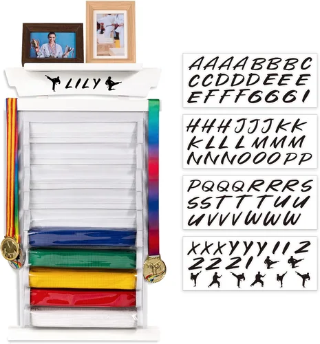 Vista 7 de Tilhumt 10/12 Belts Karate Belt Display Rack with Photo Shelf, Felt Taekwondo Belt Display Rack Martial Arts Belt Display for Adults TKD, BJJ