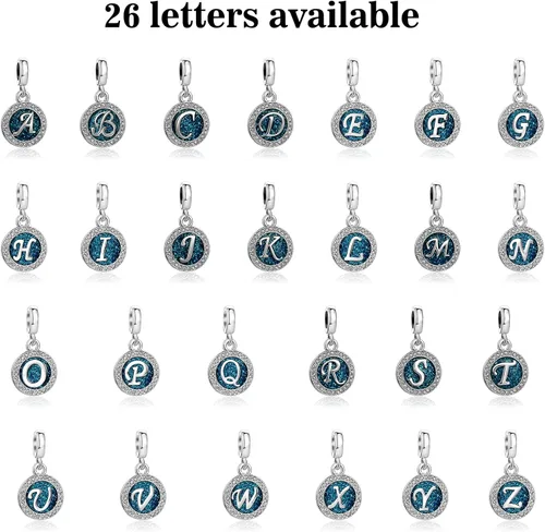 Vista 3 de Abalorios colgantes de letras azules de la A a la Z con letra inicial del alfabeto y nombre mayúscula, compatible con pulseras y collares Pandora