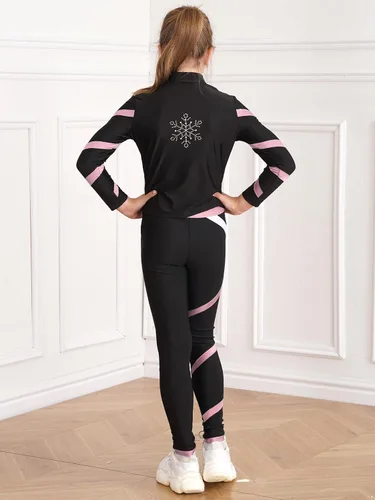 Vista 2 de YiZYiF Chándal de gimnasia para niños, 2 piezas, traje de entrenamiento de patinaje artístico, manga larga, cremallera, cuello alto, chaqueta